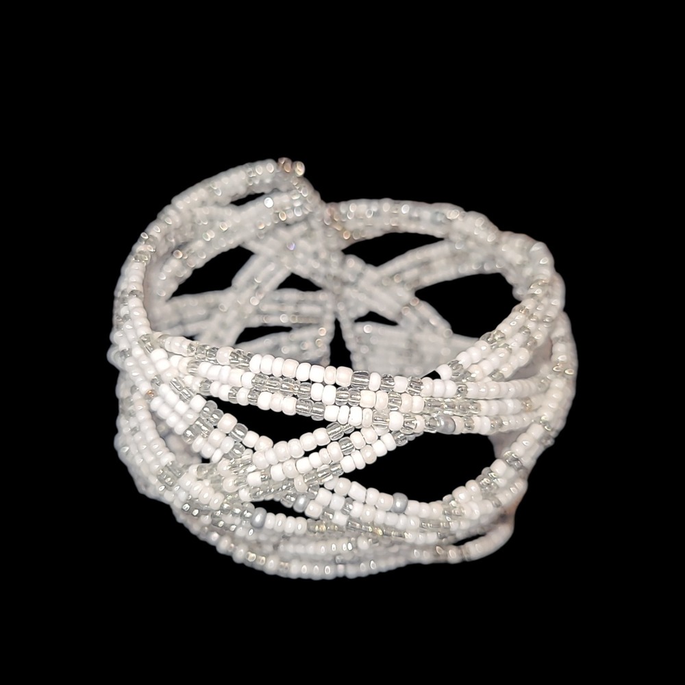 Gray White Seed Bead‎ Memory Wire Wide Cuff Bracelet Boho Style